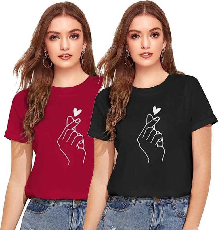 Pack of 2 Women Printed Round Neck Pure Cotton Maroon, Black T-Shirt