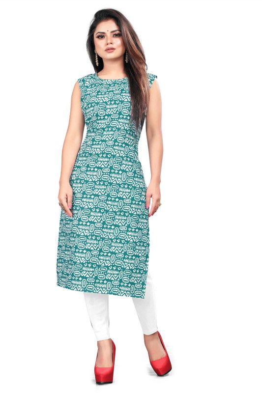 Women Printed Cotton Blend A-line Kurta  (Green, White)