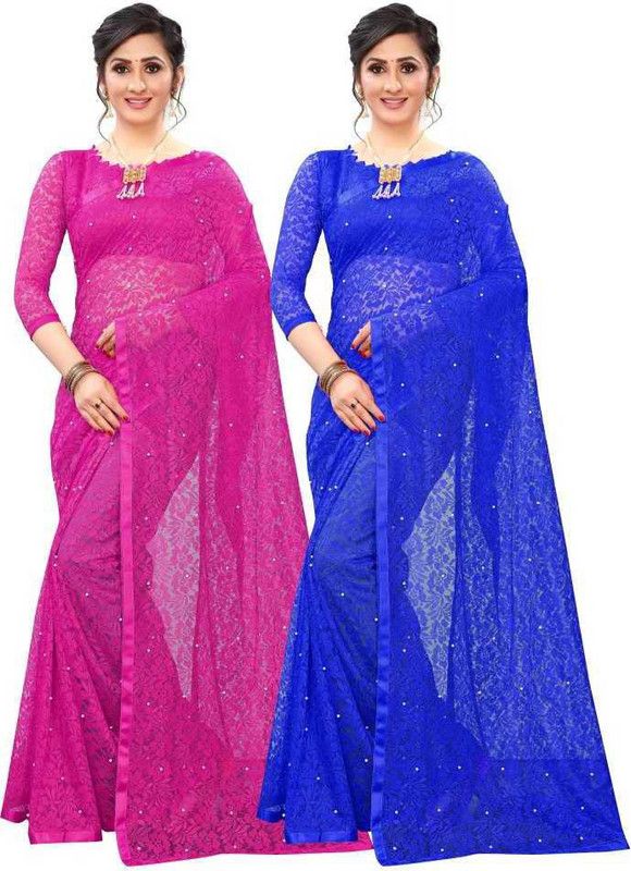 Embellished Bollywood Net, Brasso Saree  (Pack of 2, Blue, Pink)