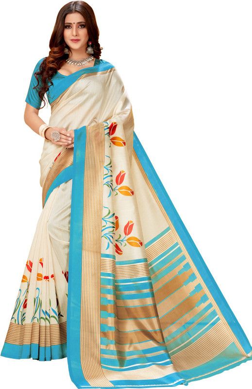 Printed, Striped, Floral Print Banarasi Cotton Silk Saree  (Blue, Beige)
