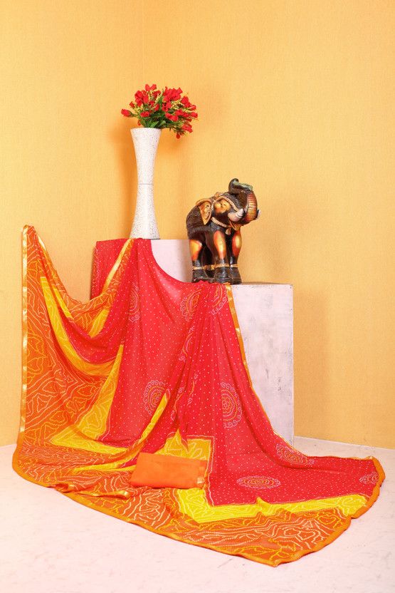 Printed, Self Design, Paisley Bandhani Georgette Saree  (Red)