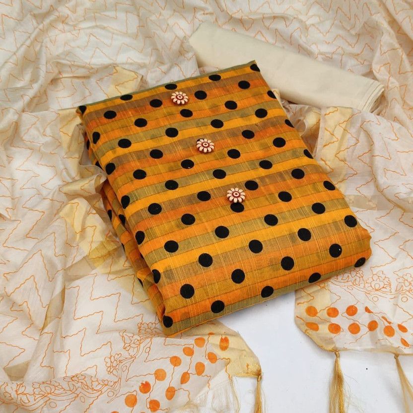 Unstitched Cotton Blend Kurta & Churidar Material Polka Print