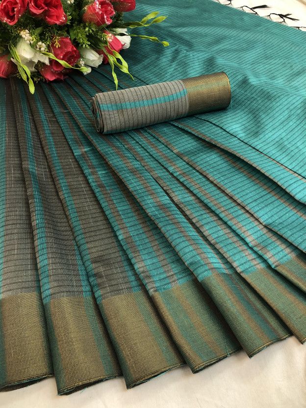 Printed Ikkat Cotton Silk Saree  (Light Blue)