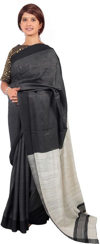 Woven, Solid/Plain Bhagalpuri Pure Silk Saree  (Black)