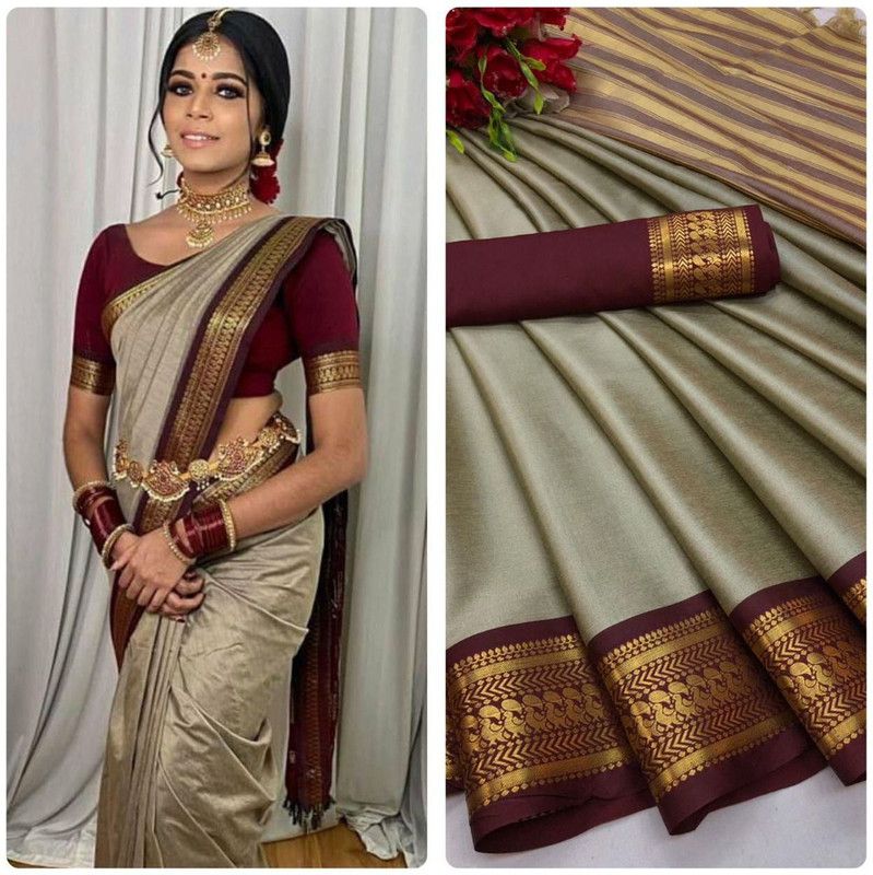 Self Design Kanjivaram Art Silk, Cotton Silk Saree  (Maroon, Beige)