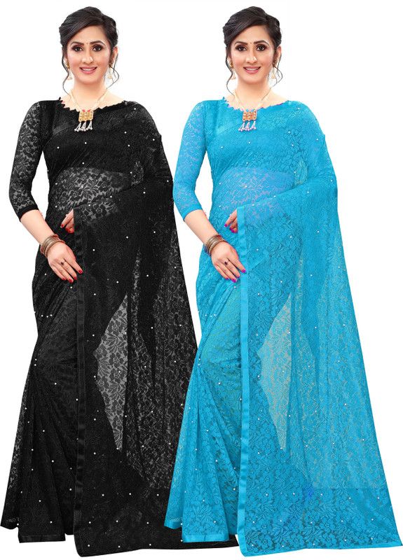 Self Design Bollywood Net Saree  (Pack of 2, Light Blue, Black)