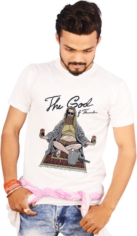 Men Printed, Graphic Print, Washed/Ombre Round Neck Poly Cotton White T-Shirt