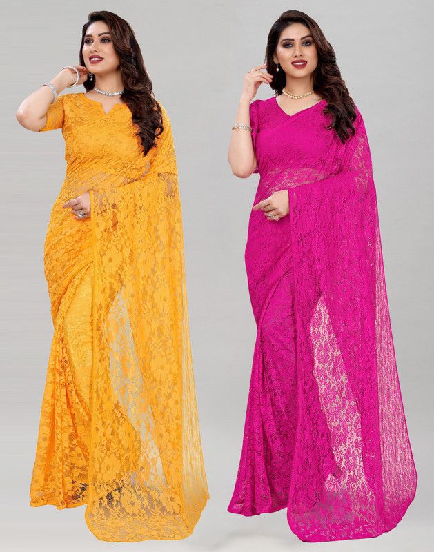 Self Design Lucknow Chikankari Net Saree  (Pack of 2, Pink, Yellow)