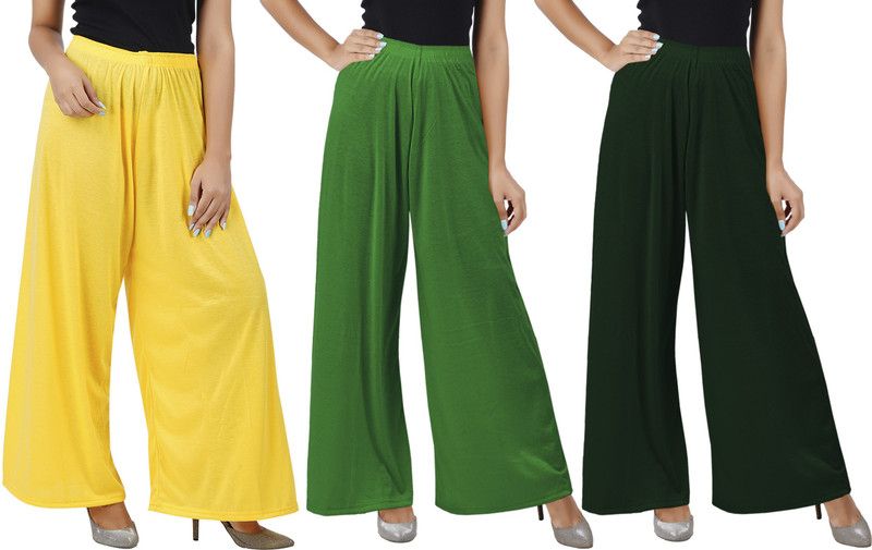 Pack of 3 Women Flared Yellow, Green, Green Cotton Blend Trousers