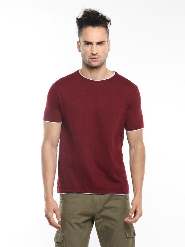 MT21 Men Solid Round Neck Pure Cotton Maroon T-Shirt