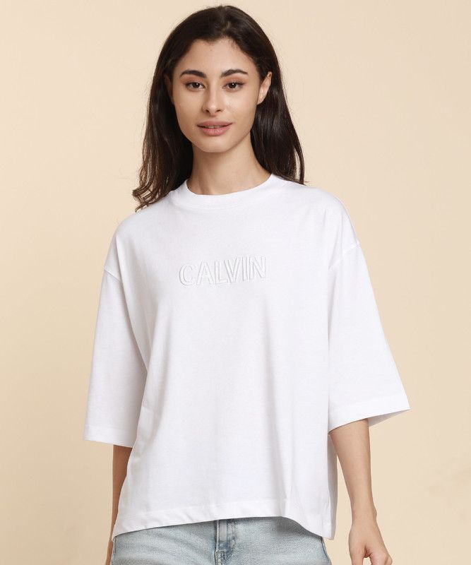 A- SS CN CALVIN FASHION TEE Women Solid Round Neck Cotton Blend White T-Shirt