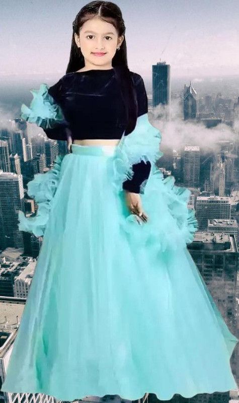 Girls Lehenga Choli Western Wear Solid Lehenga, Choli and Dupatta Set  (Blue, Pack of 1)