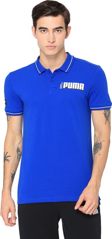 Athletics Polo Men Printed Polo Neck Cotton Blend Blue T-Shirt