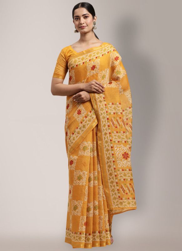 Floral Print Bollywood Polyester Saree  (Mustard)