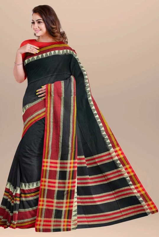 Woven Madhubani Cotton Blend Saree  (Black)