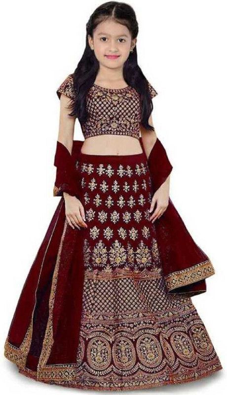 Indi Girls Lehenga Choli Fusion Wear, Western Wear, Party Wear Embroidered Lehenga, Choli and Dupatta Set  (Maroon, Pack of 1)