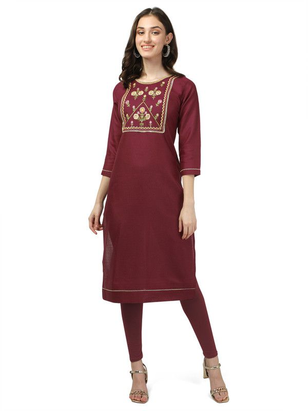 Women Embroidered Cotton Blend Asymmetric Kurta  (Maroon)