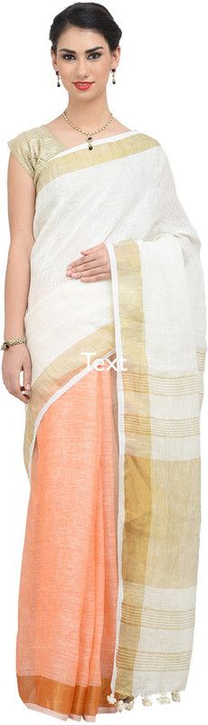 Self Design Handloom Cotton Linen Saree  (White)