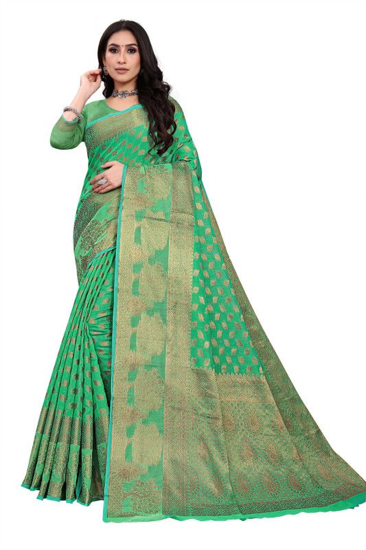 Jamdani Cotton Blend, Jacquard Saree  (Green)