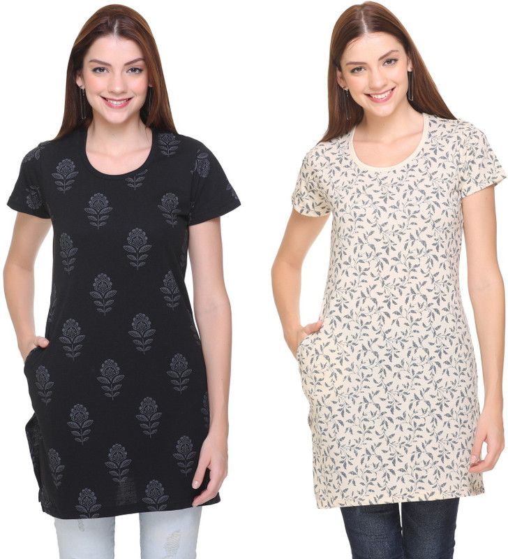 Women Printed Round Neck Cotton Blend Black, Beige T-Shirt