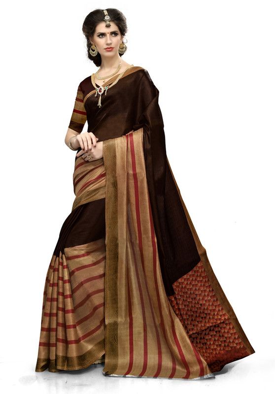 Digital Print Daily Wear Cotton Blend Saree  (Brown)