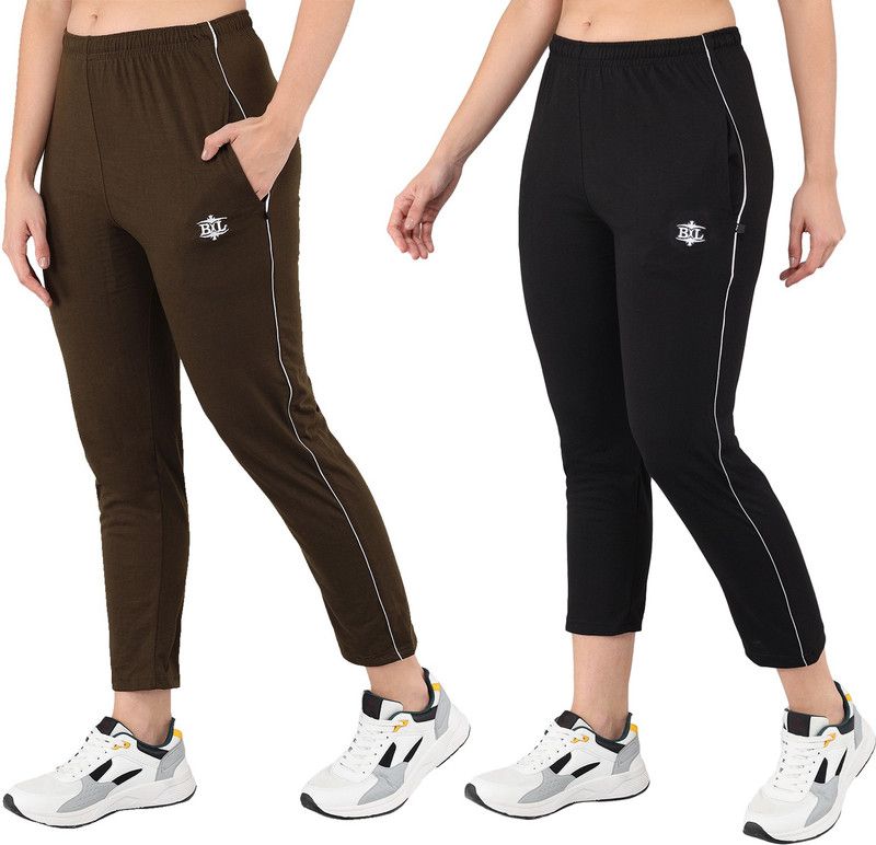 Pack of 2 Women Solid Brown, Black Track Pants
