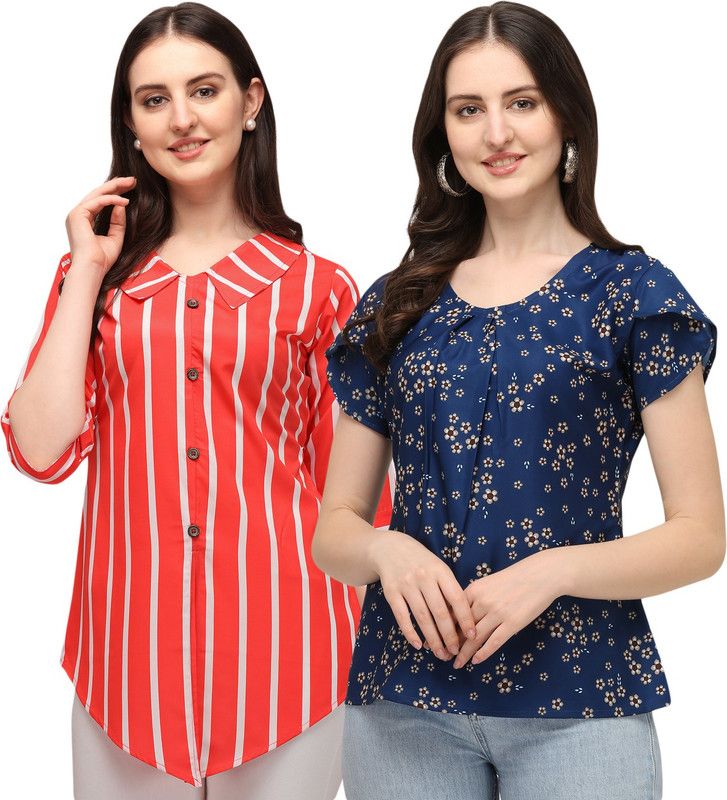 Pack of 2 Party Regular Sleeves Striped Women Light Blue, Pink Top