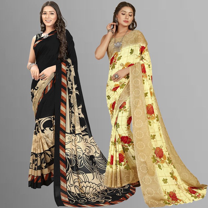 Printed Daily Wear Georgette Saree  (Pack of 2, Black, Beige)