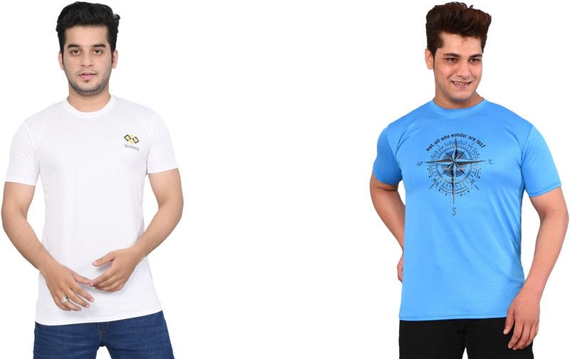 Pack of 2 Men Printed Round Neck Elastane White, Blue T-Shirt