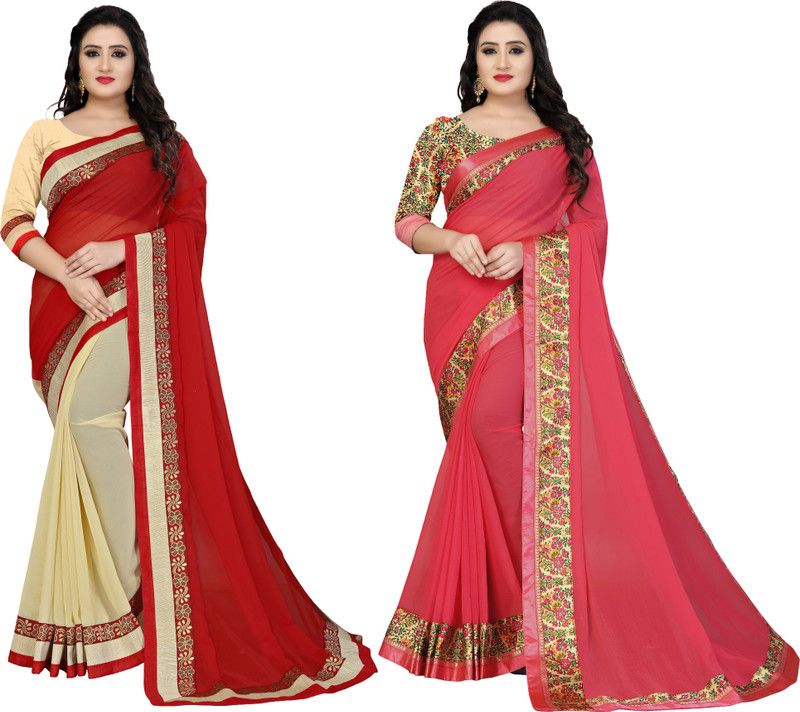Color Block, Solid/Plain Bollywood Georgette Saree  (Pack of 2, Red)