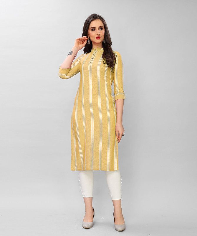 Women Printed, Striped Cotton Blend Straight Kurta  (Yellow)