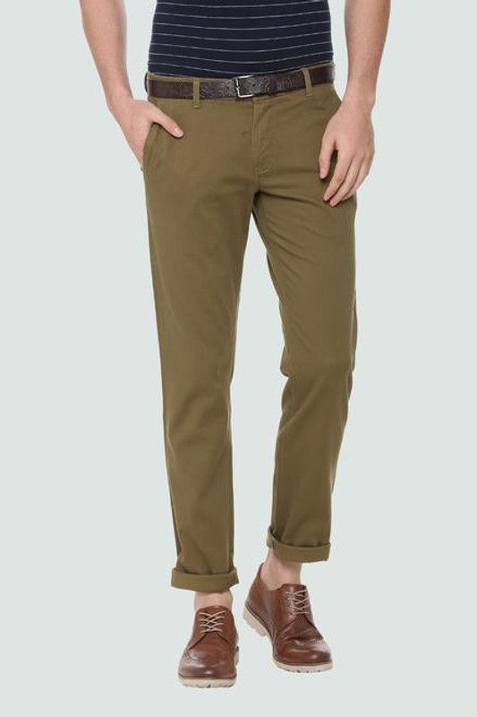 Men Slim Fit Green Cotton Blend Trousers