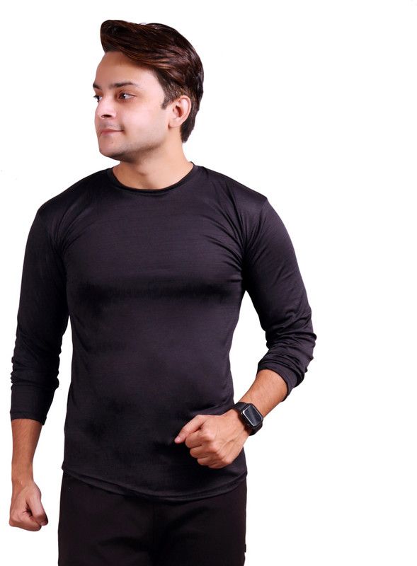 Men Self Design Round Neck Cotton Blend Black T-Shirt