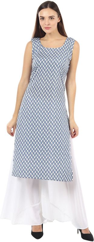 Women Printed Crepe Straight Kurta  (White, Blue)