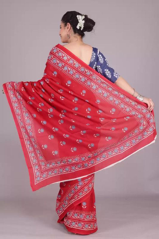 Blocked Printed, Color Block, Dyed, Floral Print, Printed Daily Wear Pure Cotton Saree  (Red)