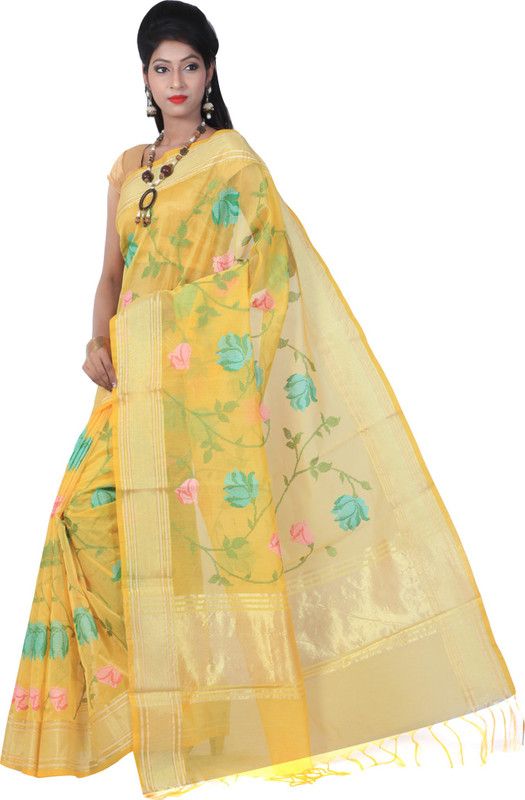 Embroidered Banarasi Handloom Cotton Blend Saree  (Yellow)