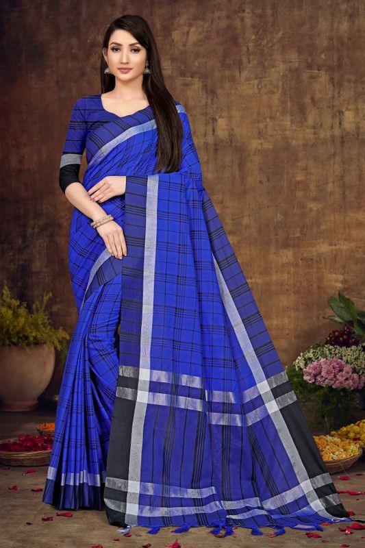 Checkered Bollywood Cotton Silk Saree  (Blue)