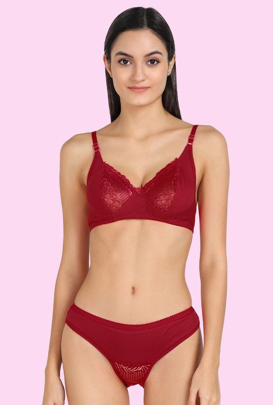 Bra & Panty Set Self Design Maroon Lingerie Set