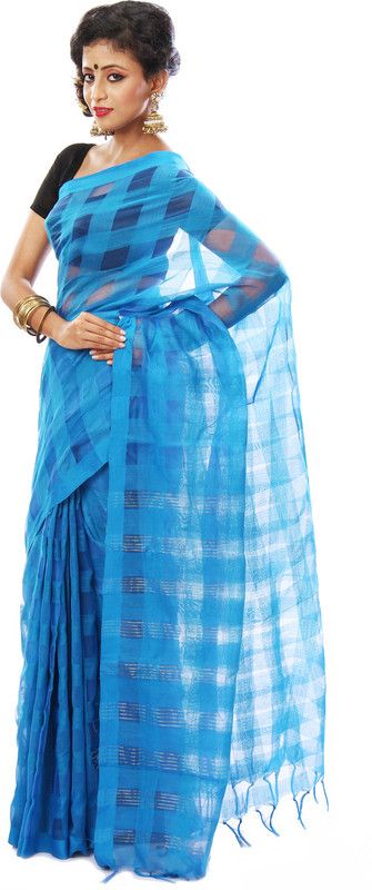Solid/Plain Tant Cotton Blend Saree  (Blue)