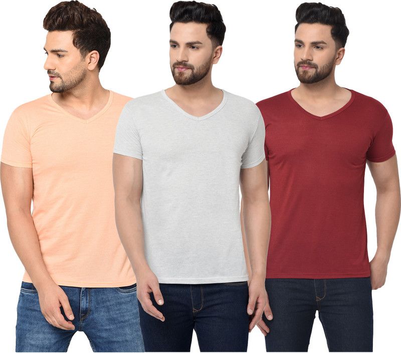 Pack of 3 Men Solid V Neck Cotton Blend Red, Beige, Grey T-Shirt