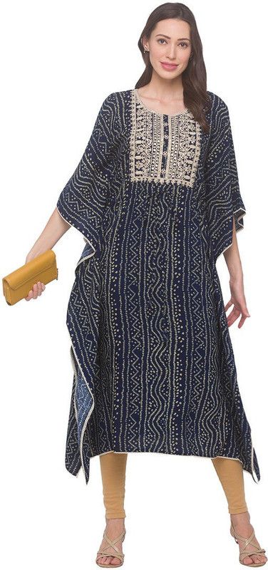 Women Embroidered Viscose Rayon Kaftan Kurta  (Dark Blue)
