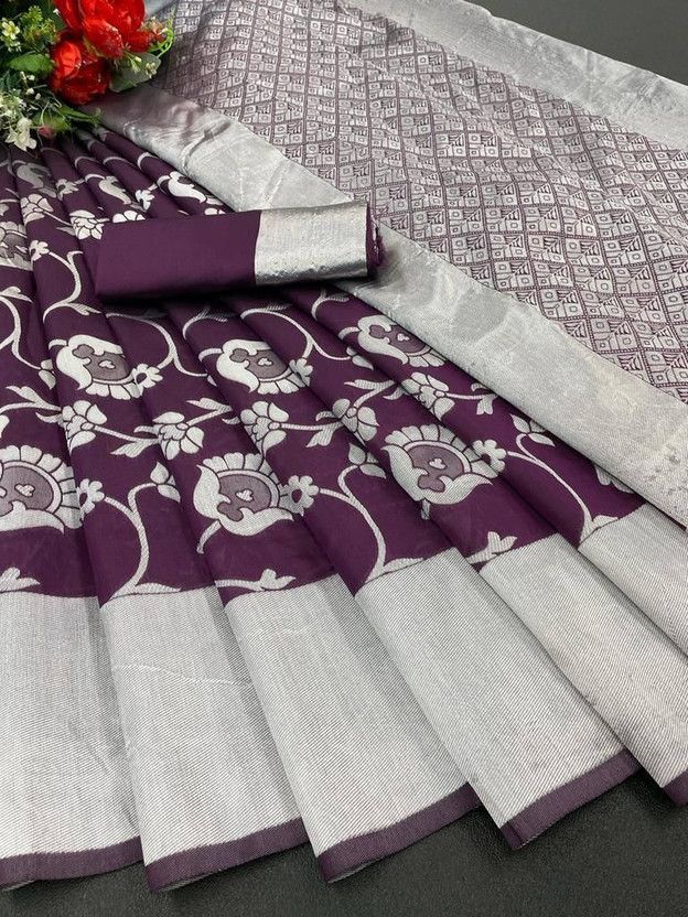 Printed Banarasi Jacquard Saree  (Purple)