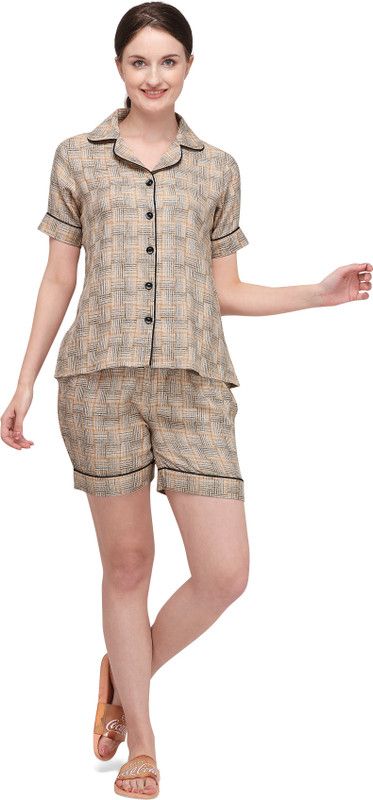 Women Top & Shorts Set Beige Checkered