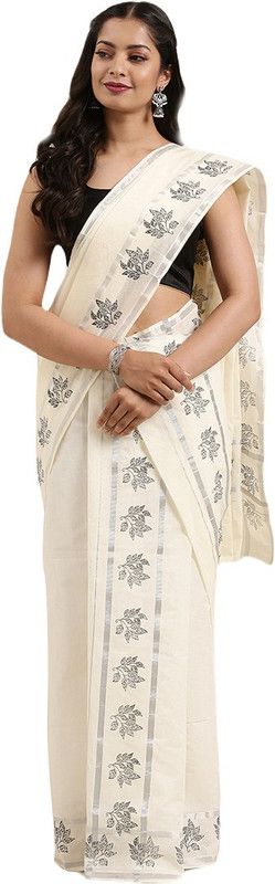 Solid/Plain Kasavu Pure Cotton Saree  (Silver)