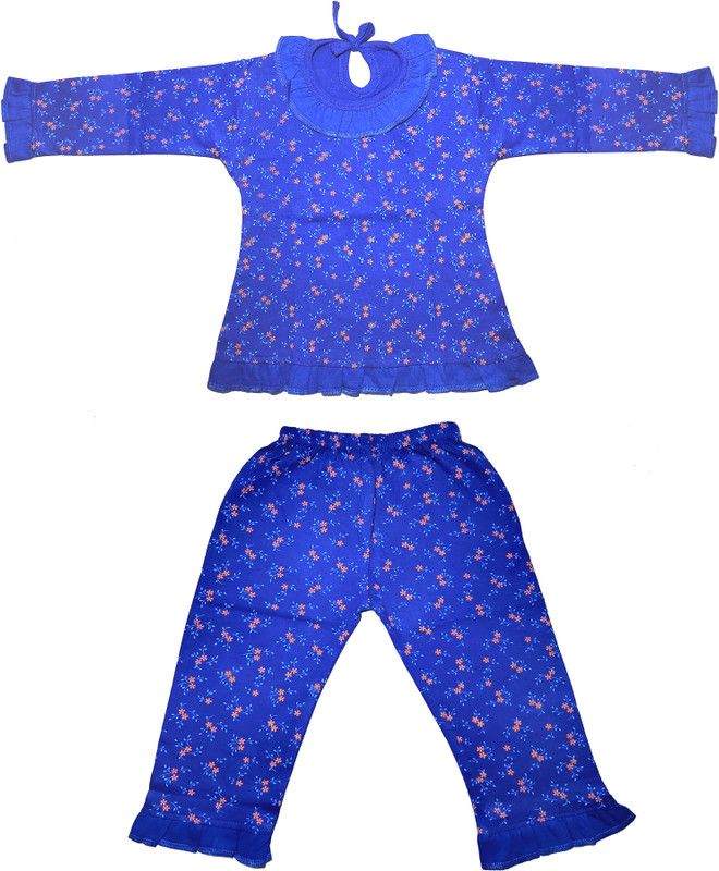 Baby Girls Printed Cotton Linen Blend, Hosiery Kids Nightwear  (Dark Blue Pack of 1)