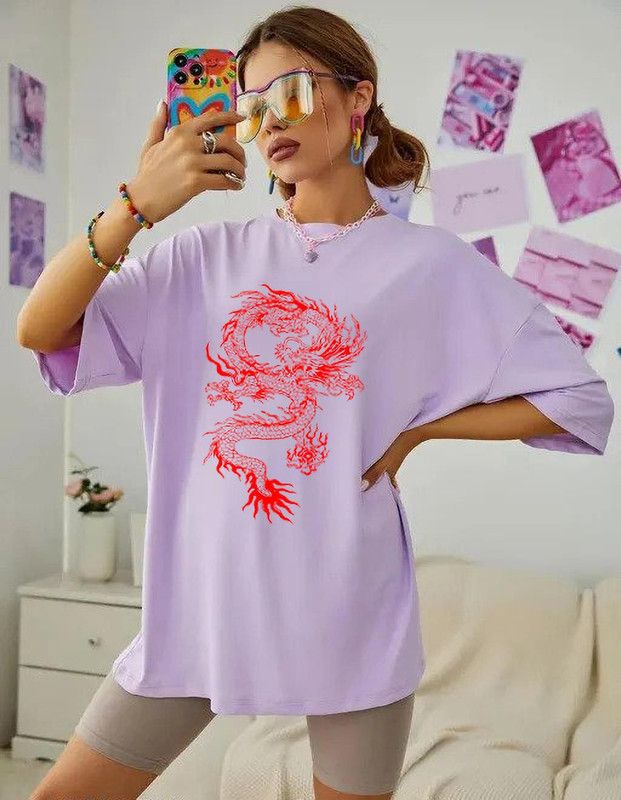 Women Printed Round Neck Cotton Blend Purple T-Shirt