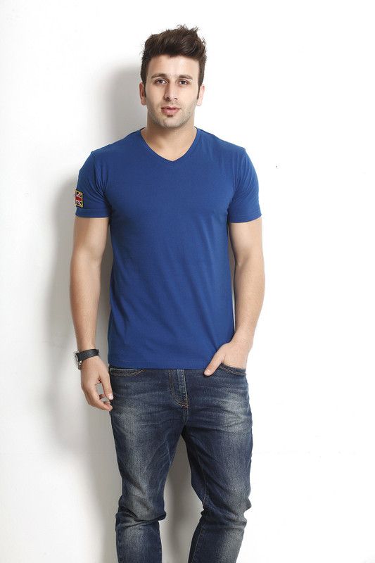 Men Solid V Neck Cotton Blend Blue T-Shirt