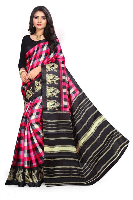 Animal Print Kalamkari Silk Blend Saree  (Pink)