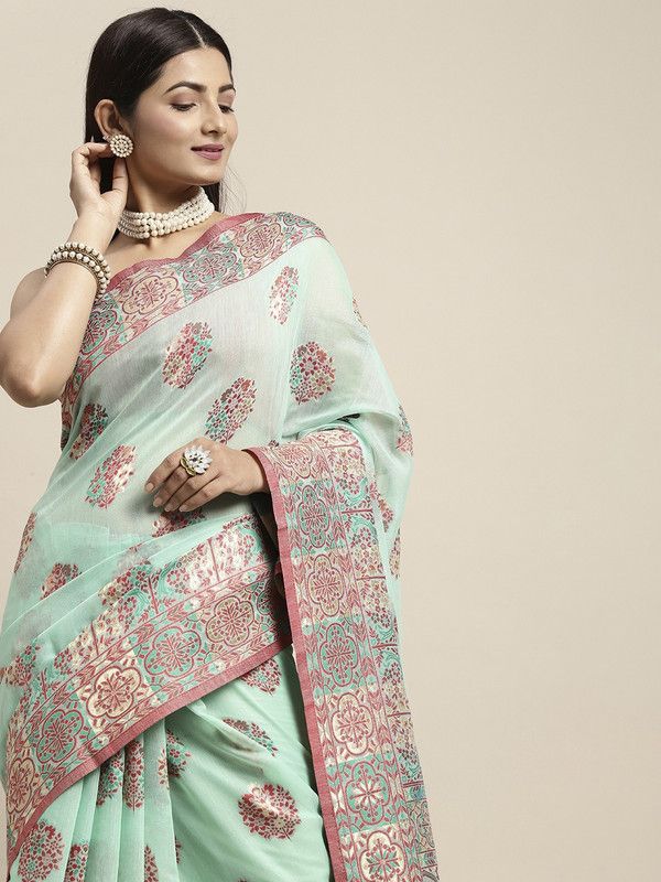 Paisley, Geometric Print, Woven, Floral Print Patola Cotton Blend Saree  (Magenta, Light Green)