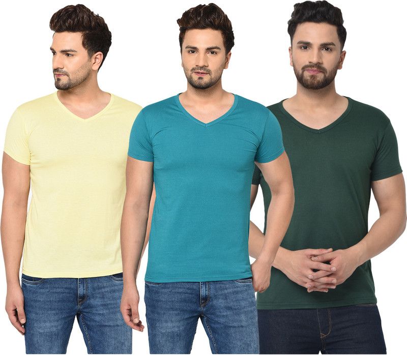 Pack of 3 V neck Combo T-shirts Multicolor Men Solid V Neck Cotton Blend Green, Blue, Yellow T-Shirt